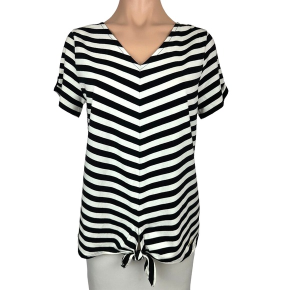 Anne Klein Sport Black & White Stripe Pullover Top Size S Short Sleeve Cotton Bl - Picture 1 of 6